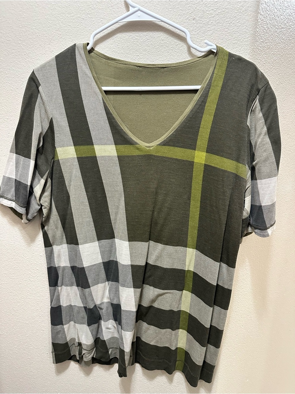 Women’s Burberry reversible Olive Green Plaid V-Neck Top